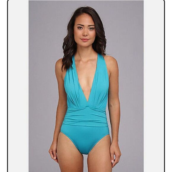 Badgley Mischka Turquoise Plunge One-Piece Swimsuit – Size 12 - Picture 1 of 10